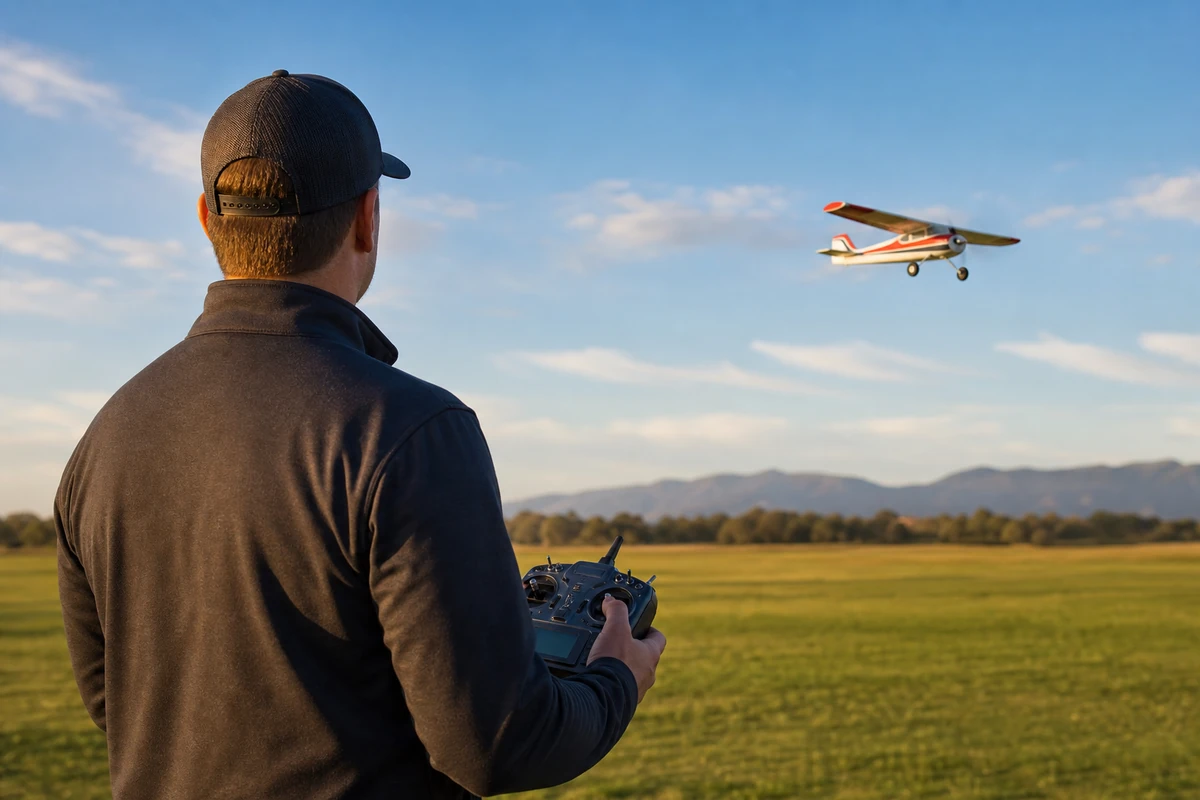Pilote de dos suivant son modèle radiocommandé en vol dans le ciel