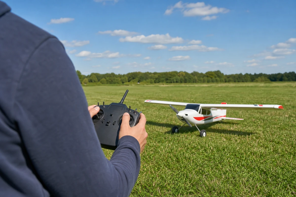 Débutant tenant une radiocommande devant son premier avion télécommandé électrique