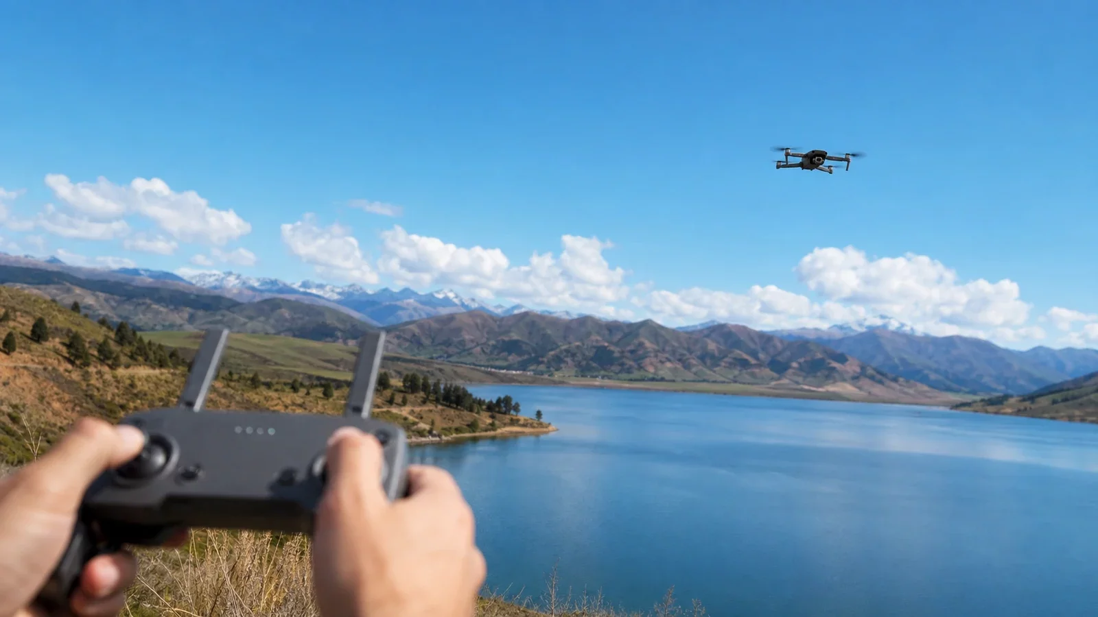 Drone en vol à distance au-dessus d'un paysage, radiocommande au premier plan