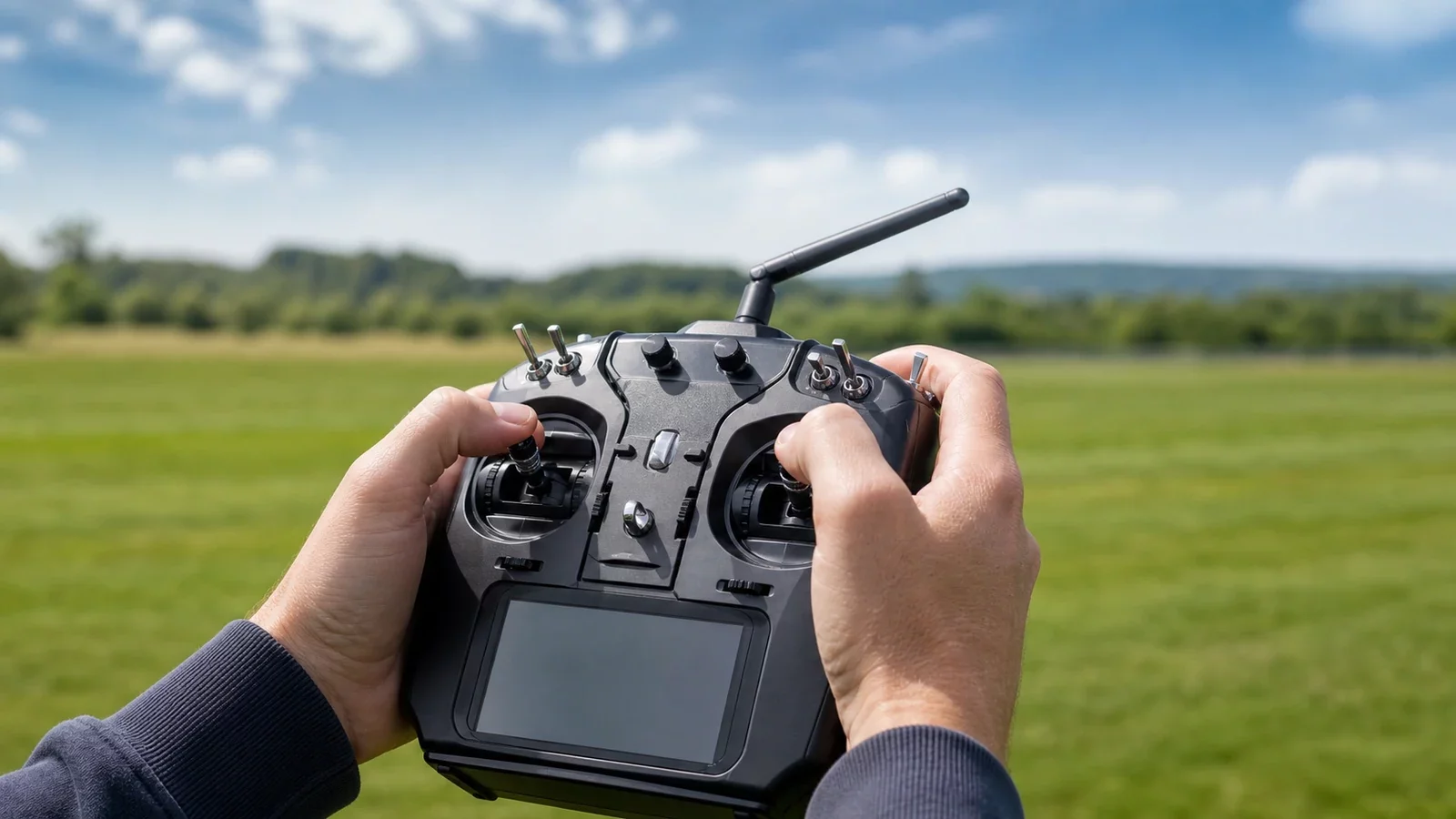 Mains sur une radiocommande de modélisme, manches et interrupteurs