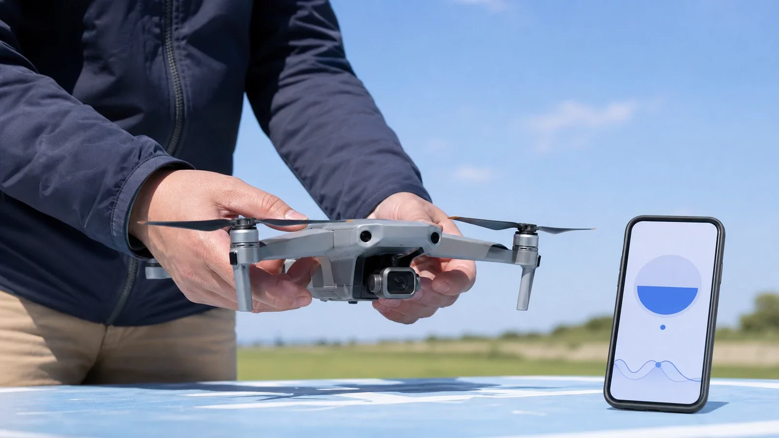Personne tenant un drone à plat pour le calibrer avec l'application