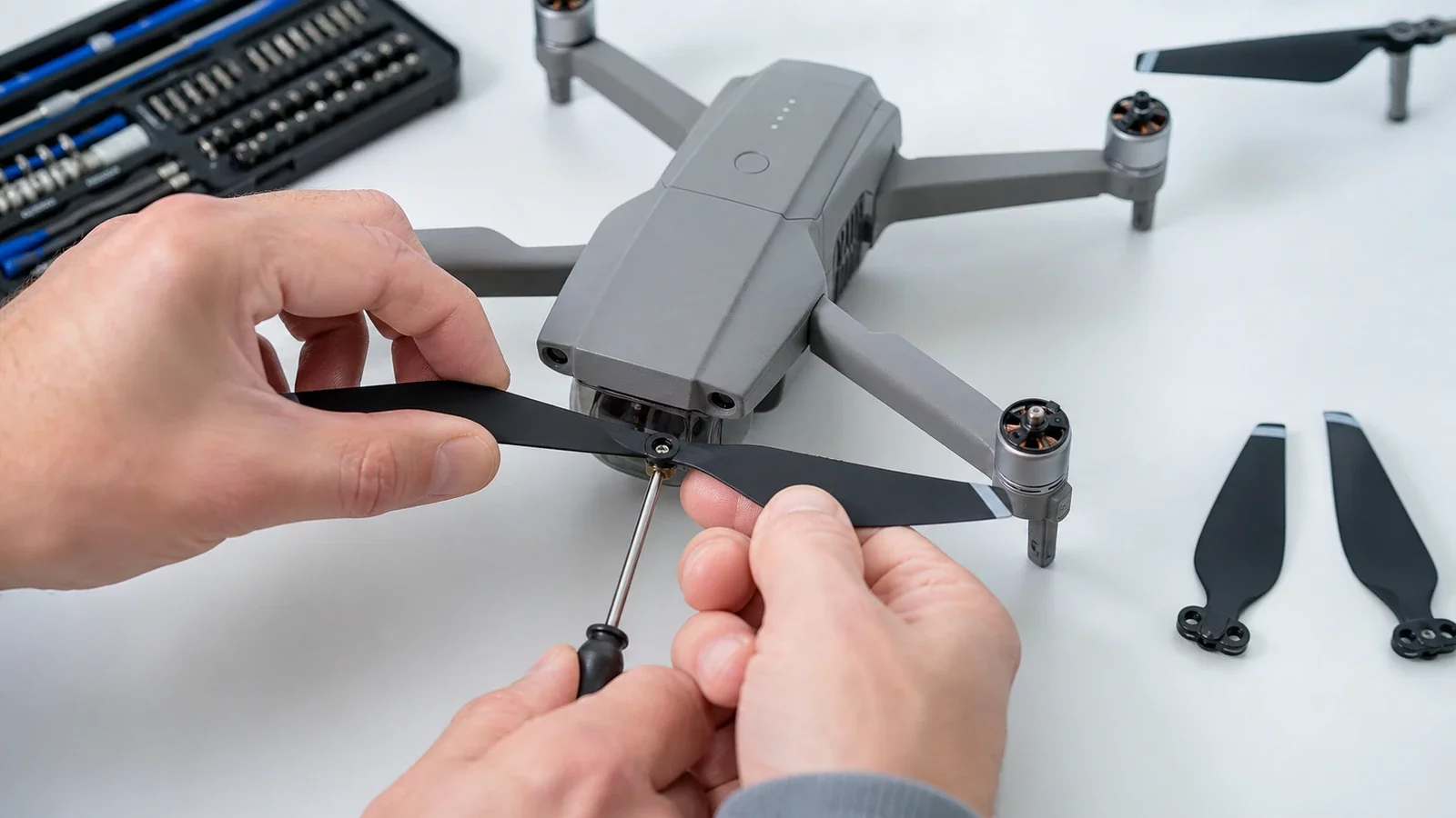 Mains changeant une hélice de drone, hélices de rechange à côté