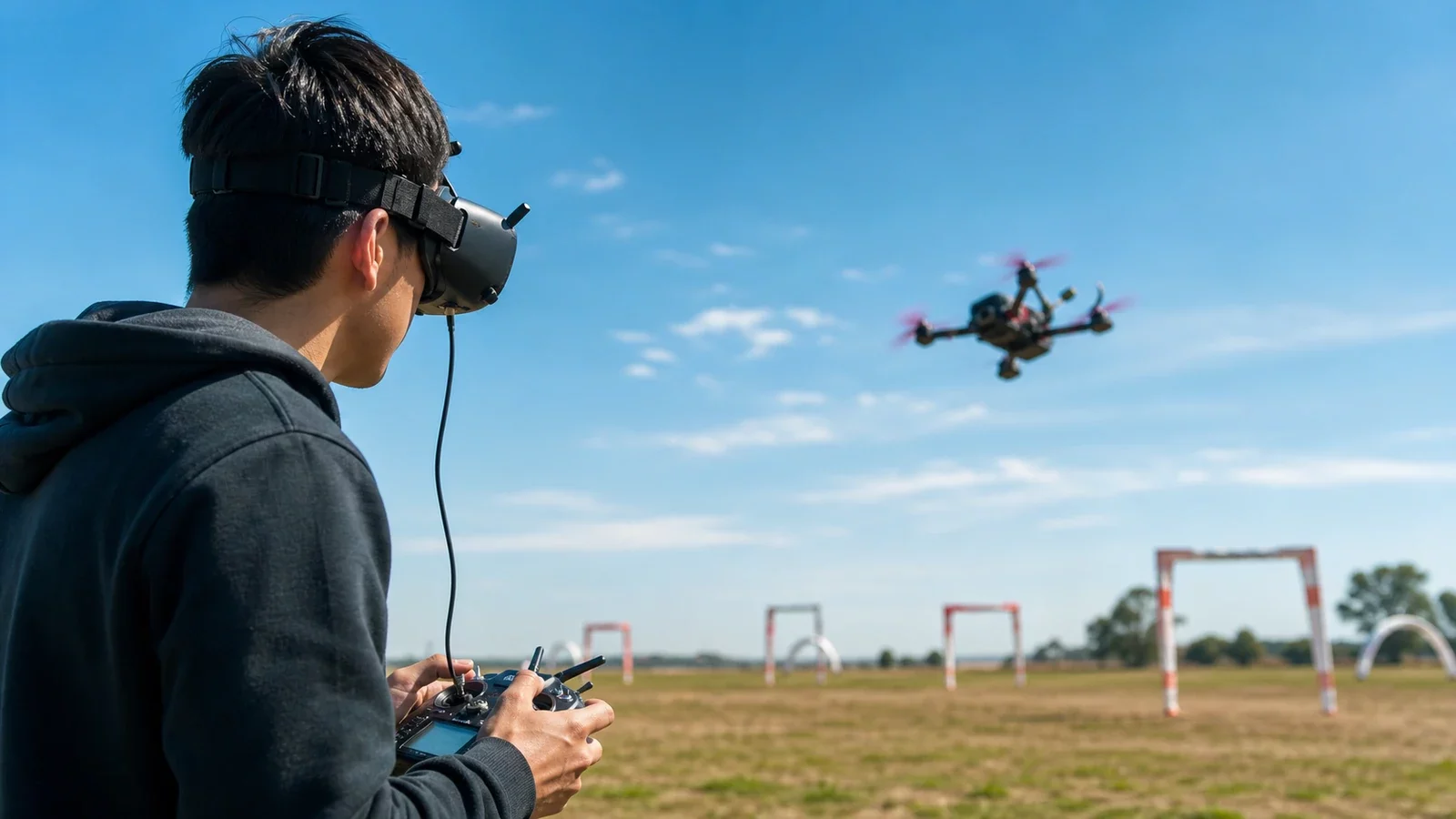 Pilote portant des lunettes FPV faisant voler un drone de course