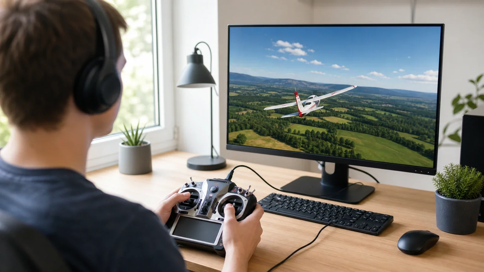 Personne pilotant sur un simulateur de vol RC, radio branchée à un écran