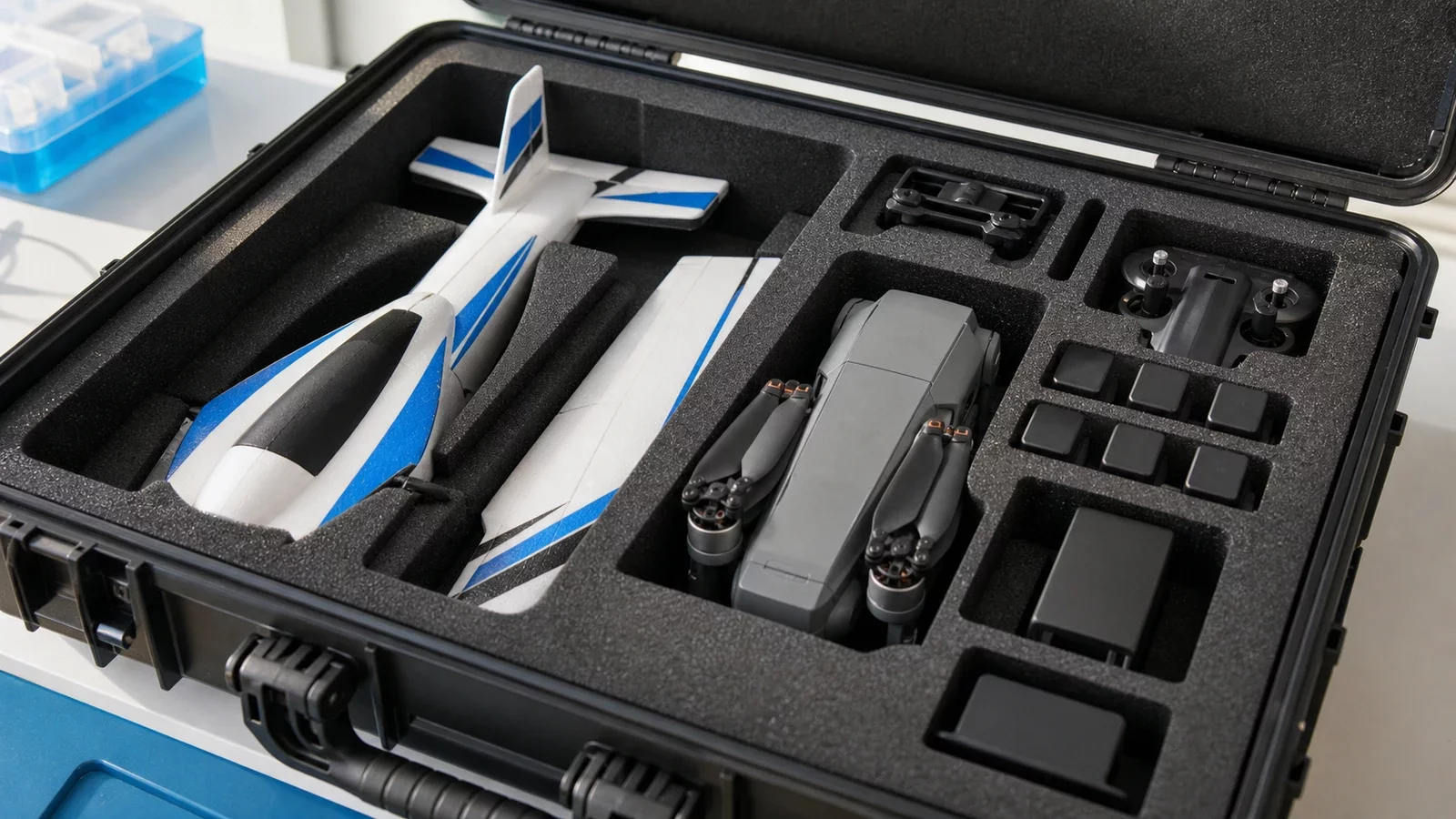 Avion et drone télécommandés rangés dans une mallette de transport en mousse